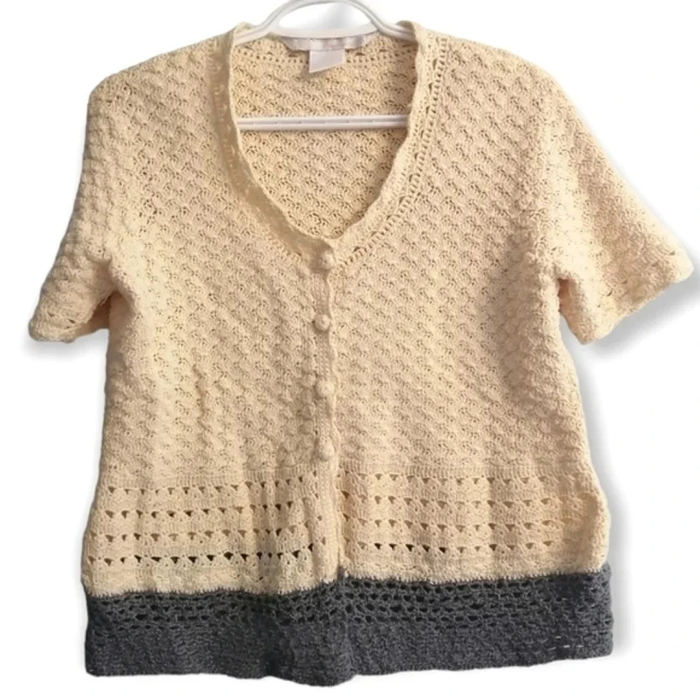 Vintage Crochet Short Sleeve Button Cardigan Yellow Gray Scallop Trim Small